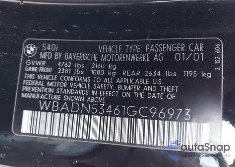 2001 BMW 540I z USA, uszkodzony, nr VIN WBADN53461GC96973